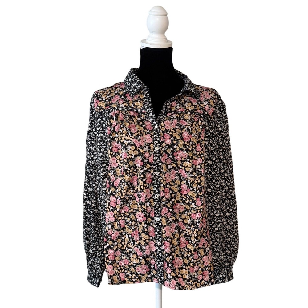 Umgee USA Floral Mixed Print Button Down Shirt Blouse Black Pink Yellow M A6830
